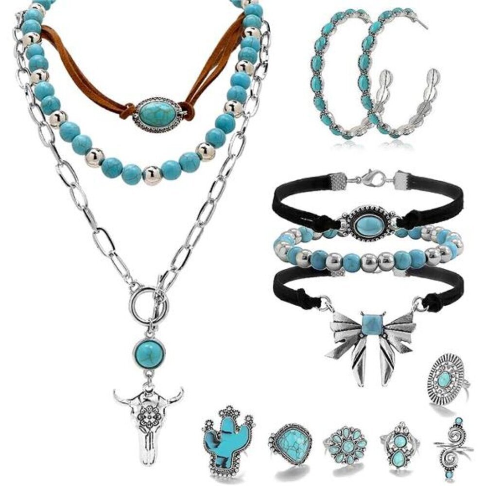 16 Pcs Western Jewelry for Women Bohemian Set, Faux Turquoise and Silver Set